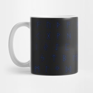 Futhark Rune Alphabet Stickers in Lightning Blue against the Night Dark Mug